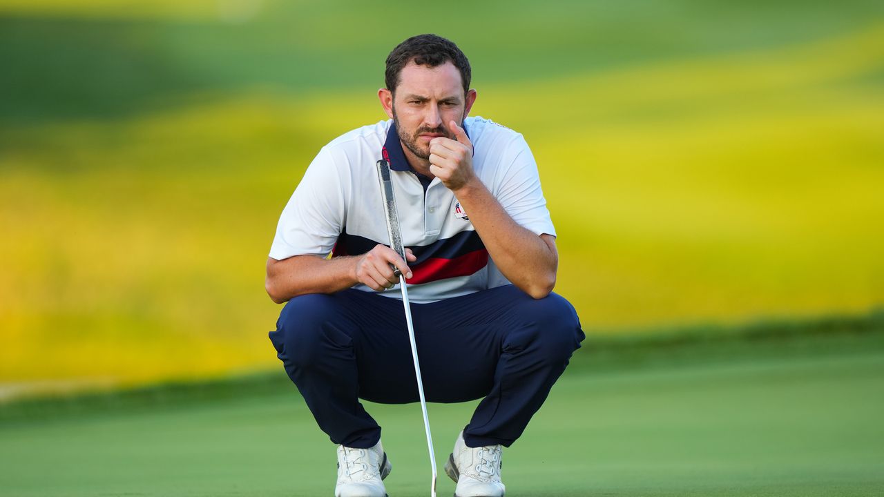 Patrick Cantlay of Team United States reads the green on the 16th hole during the Ryder Cup at Marco Simone Golf &amp; Country Club on Saturday, September 30, 2023 in Rome, Italy.