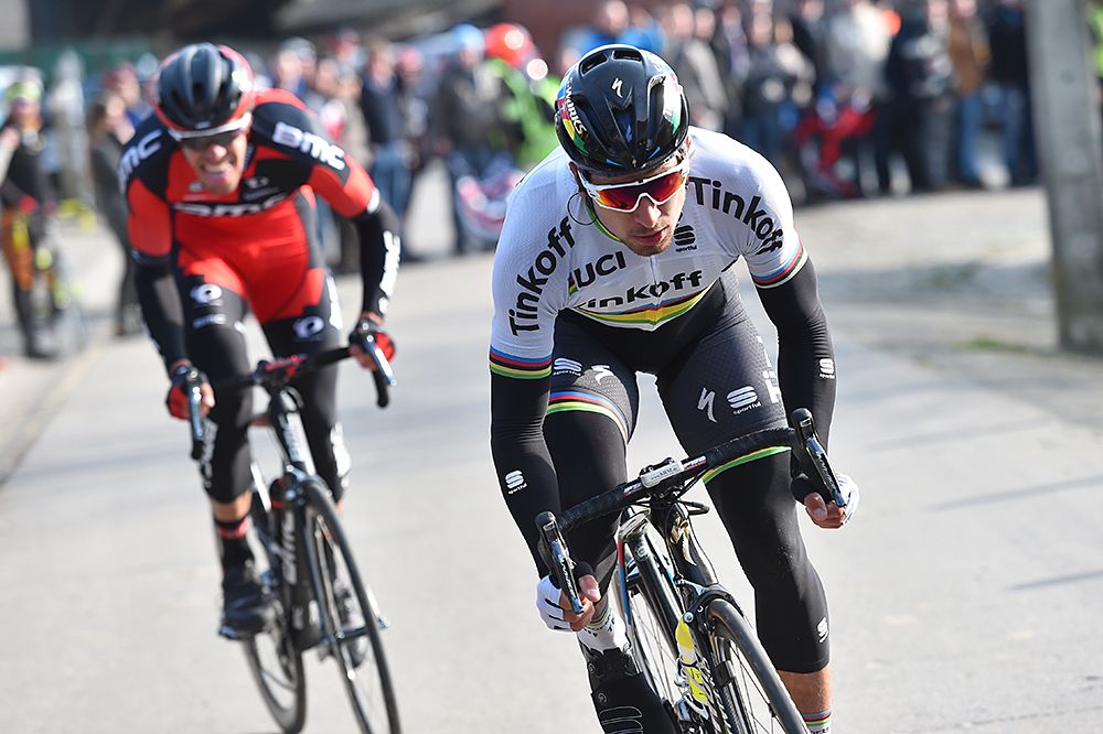 Peter Sagan (Tinkoff) followed by Greg Van Avermaet (BMC) at Omloop Het Nieuwsblad