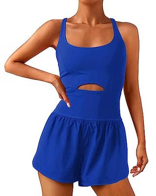 Wenlia Women's Workout Romper Sexy Sleeveless Tennis Dress Athletic One-Piece Running Onesie Criss Cross Jumpsuit Short for Summer Gym Casual Outfits, Royal Blue