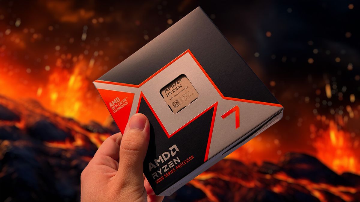 AMD Ryzen 7 9800X3D boxed CPU in front of AI-generated lava