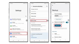 Screenshots showing how to back up to Google Drive on a Samsung phone