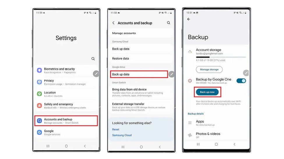 Screenshots showing how to back up to Google Drive on a Samsung phone