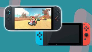 Nintendo Switch 2 with Mario Kart on screen next to original Nintendo Switch with teal backdrop