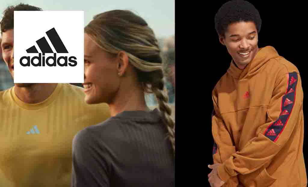 Adidas logo placed over an image of three models in adidas clothing