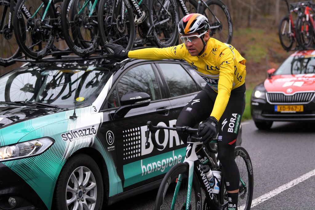 LA CHATRE FRANCE MARCH 10 Maximilian Schachmann of Germany and Team Bora Hansgrohe Yellow Leader Jersey Car Detail view during the 78th Paris Nice 2020 Stage 3 a 2125km stage from ChalettesurLoing to La Chtre ParisNice parisnicecourse PN on March 10 2020 in La Chatre France Photo by Luc ClaessenGetty Images