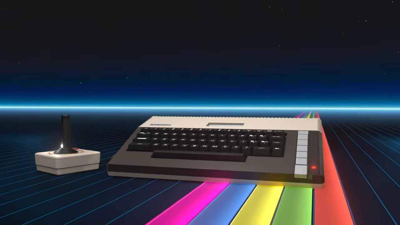 THE 800XL next to joystick with Tron-inspired backdrop.