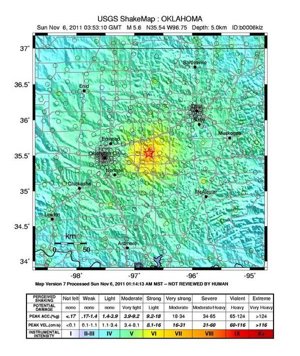 Map of shaking intensity from the magnitude 5.6 earthquake that hit Oklahoma on Nov. 5, 2011.