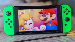 Mario + Rabbids Sparks of Hope: Mario and Rabbid Peach on Switch screen. 