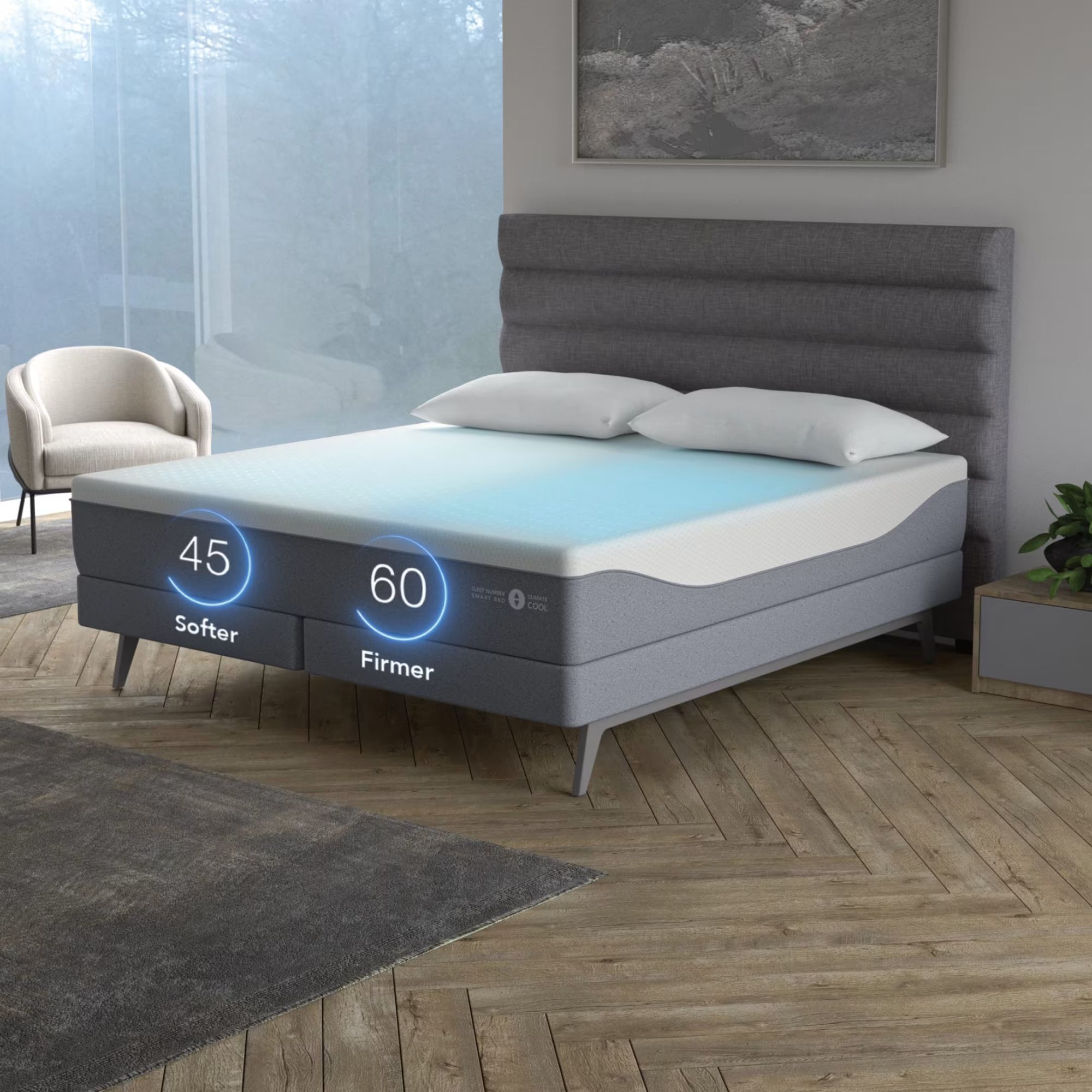 Sleep Number ClimateCool on a gray bed frame against white walls. 