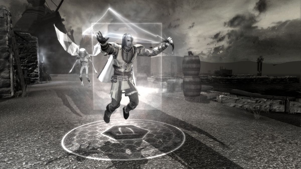 Monochrome Neverwinter Nights 2 Enhanced Edition screenshot showing Gan in plane of shadows