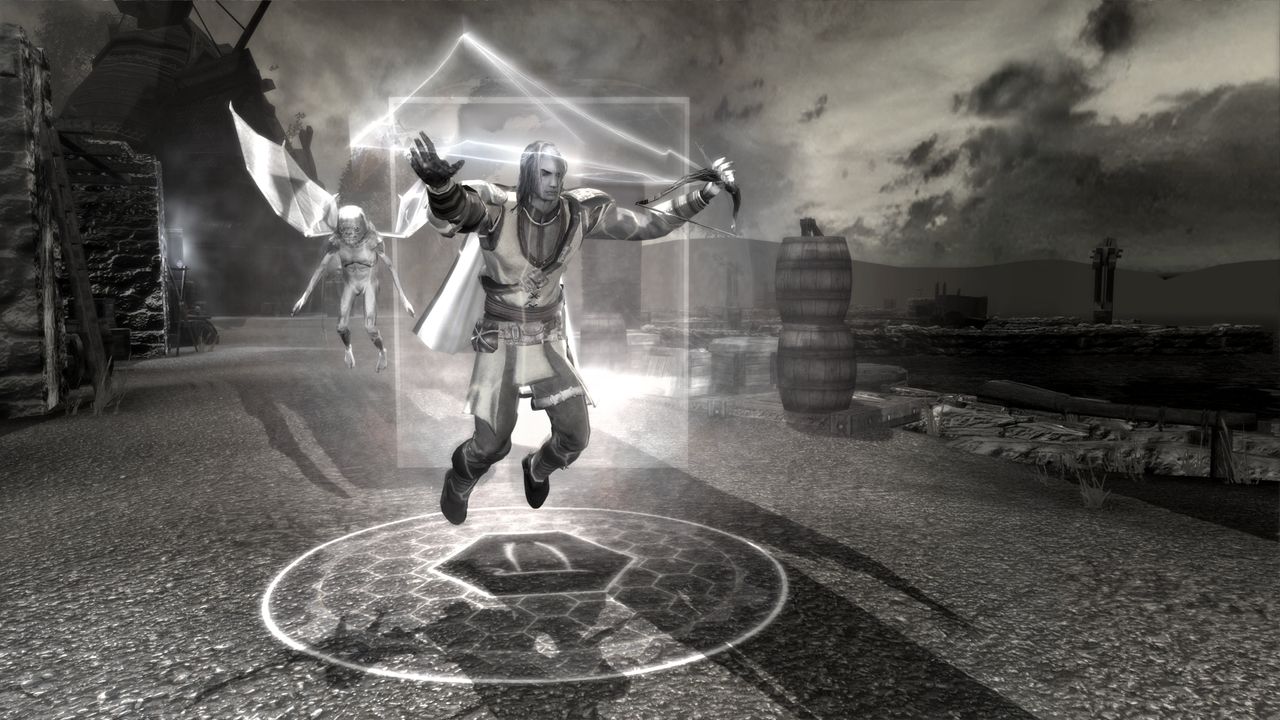 Monochrome Neverwinter Nights 2 Enhanced Edition screenshot showing Gan in plane of shadows