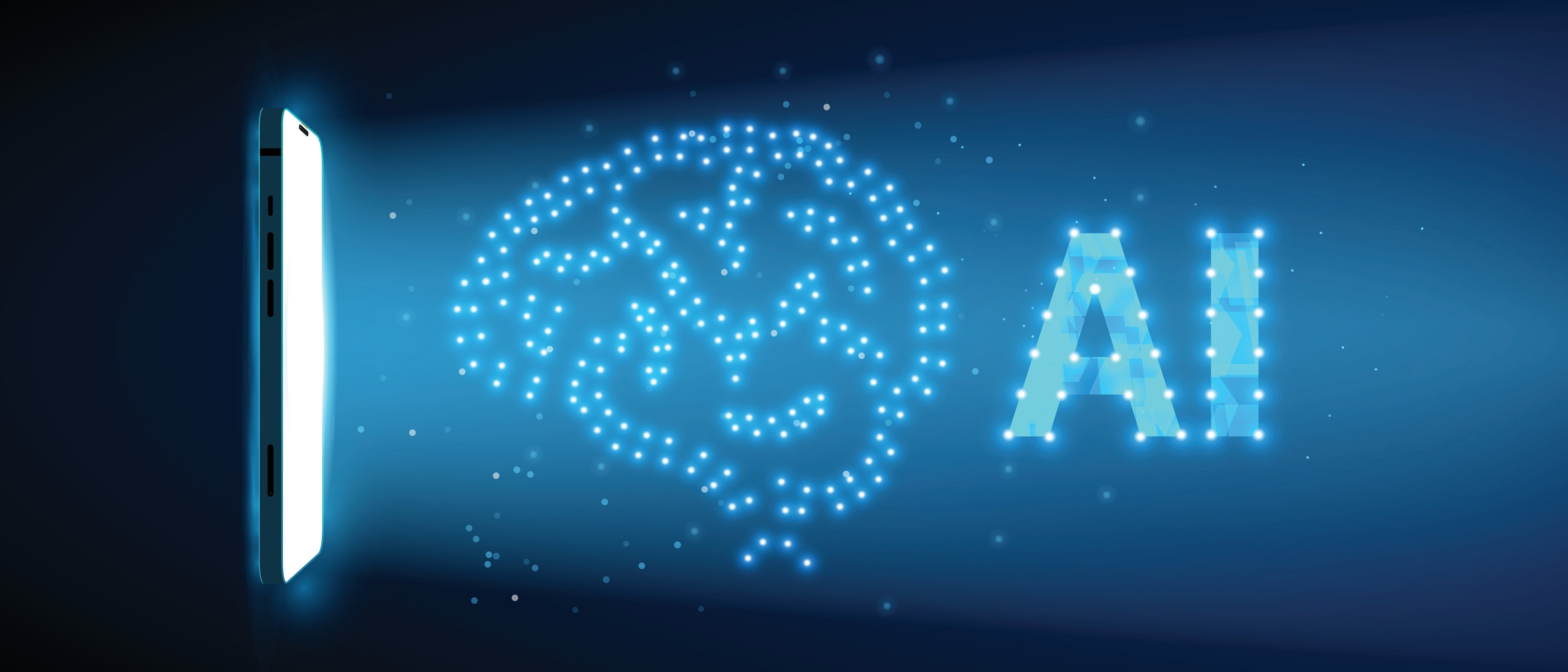 Artificial intelligence "AI" and brain glowing next to a smartphone screen