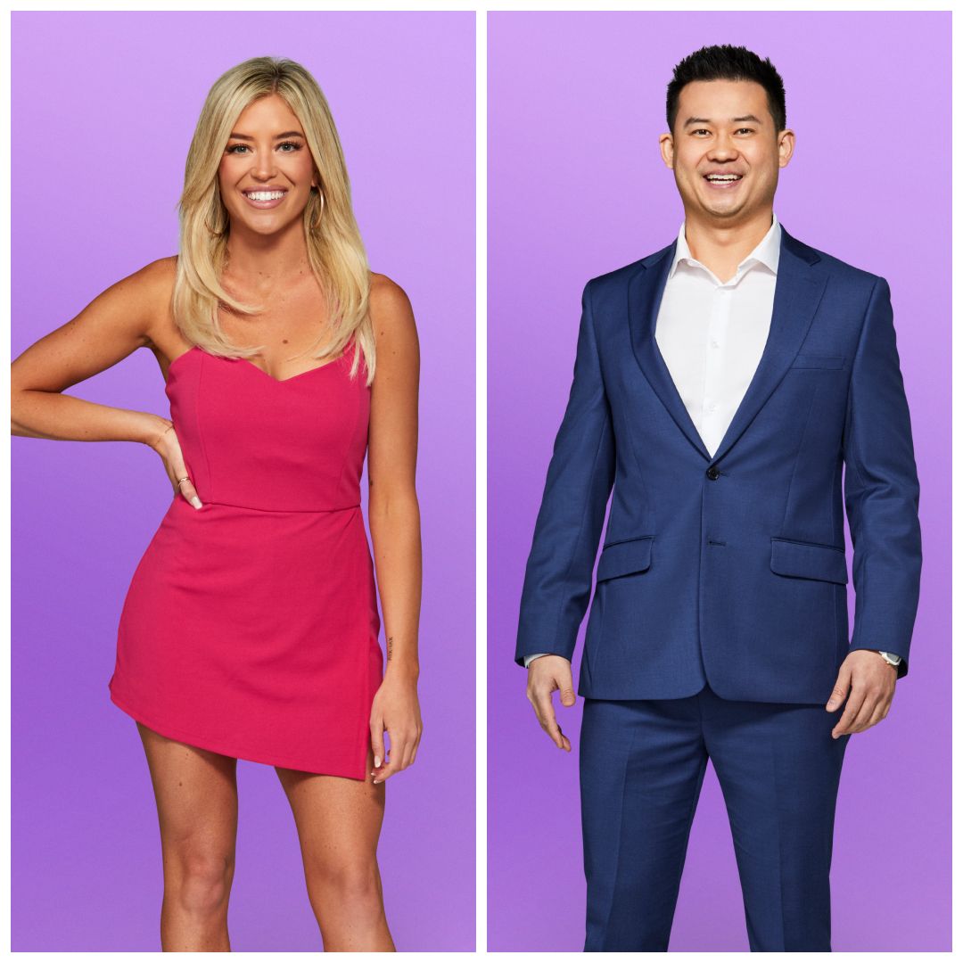 A two-split image of Kacie Mcintosh and Patrick Suzuki from Love Is Blind season 9.
