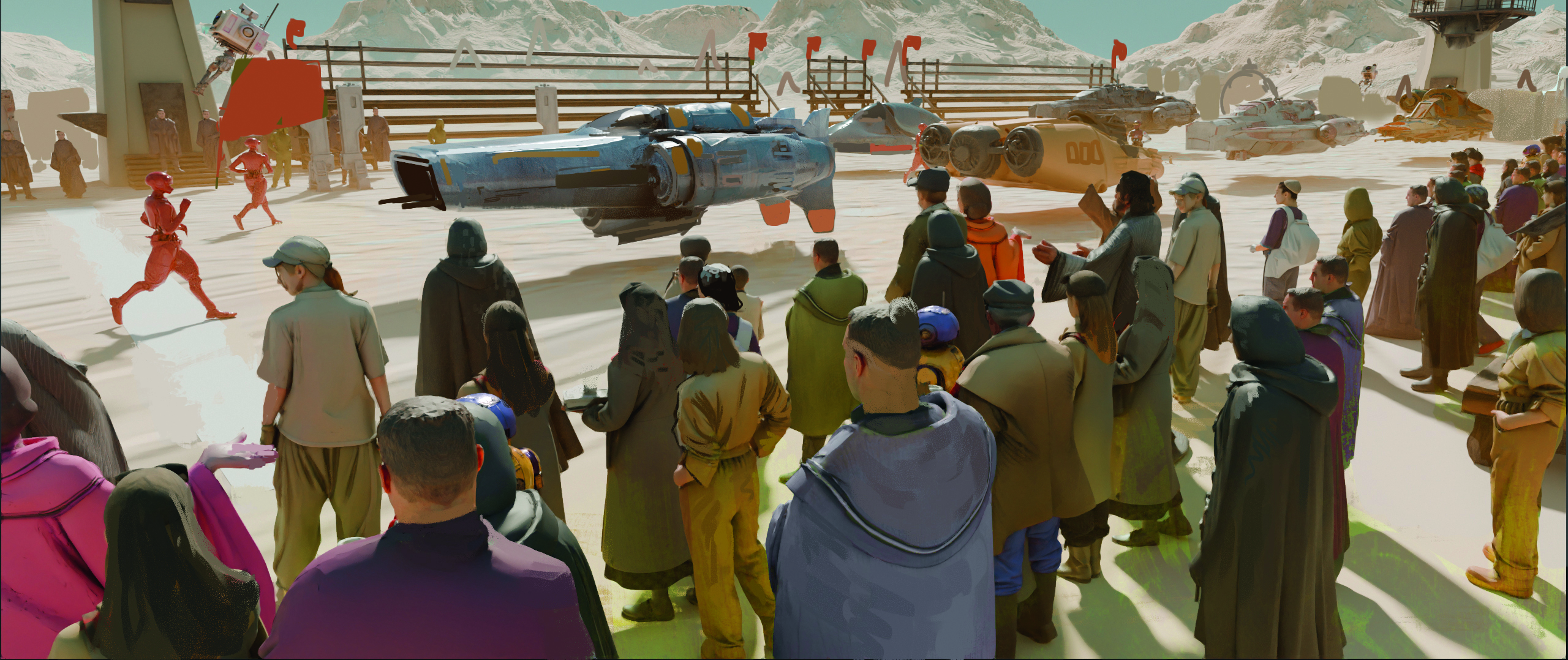 Painterly digital art created using Blender and Photoshop showing a crowd at the side of a racetrack in a science fiction world