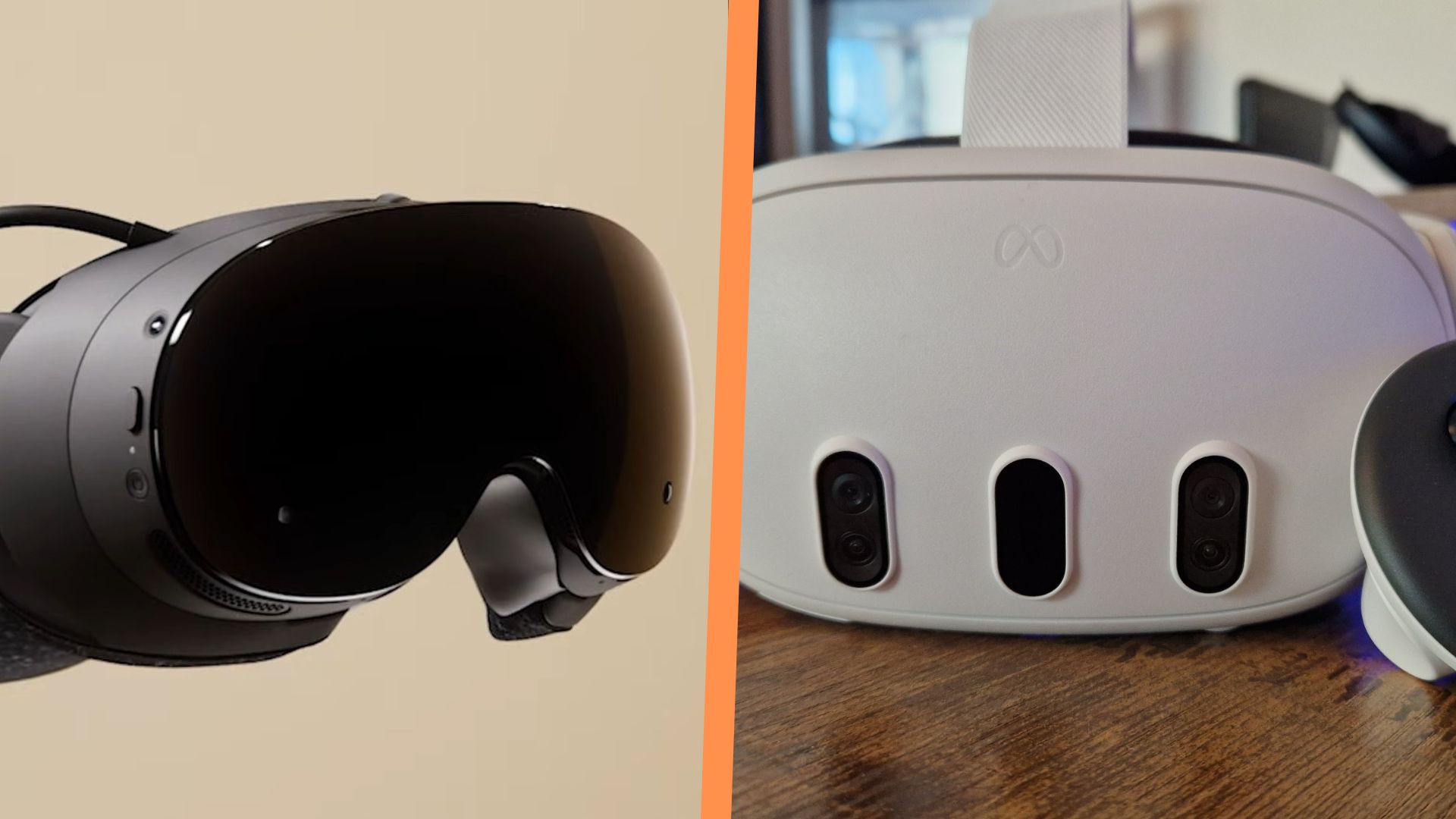 A reveal image for the Steam Frame next to a review image of the Quest 3