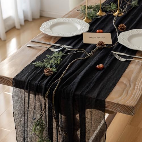 Keketoarrange Black Table Runner Cheesecloth Gauze Rustic Premium Cotton Cheese Cloth Table Runner 120 Inch 10 Ft for Wedding Bridal Baby Shower Long Sheer Boho Home Decorations