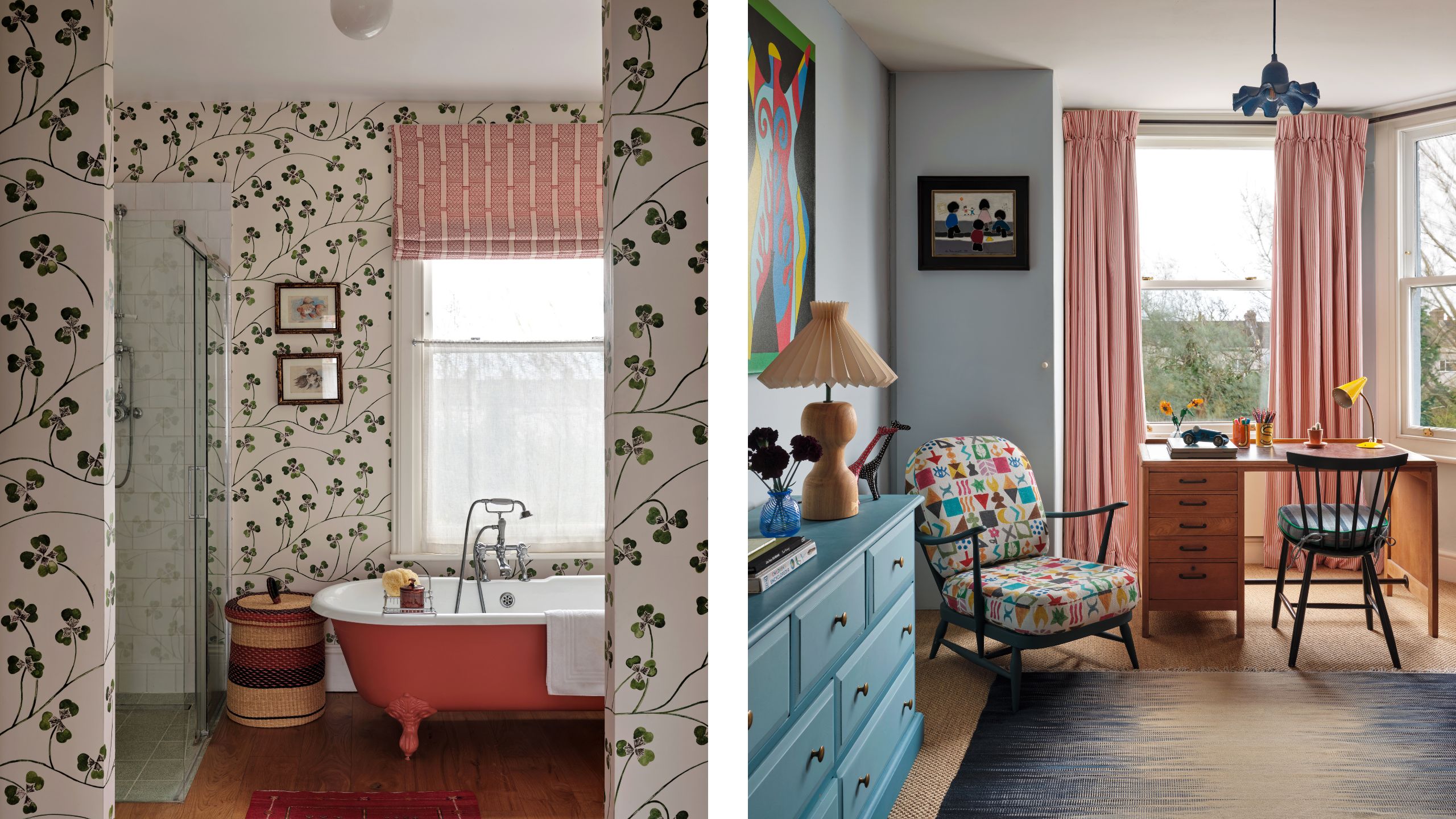 two side by side images of a colorful London home - on the left a wallpapered bathroom with red tub and on the right a blue painted kids bedroom