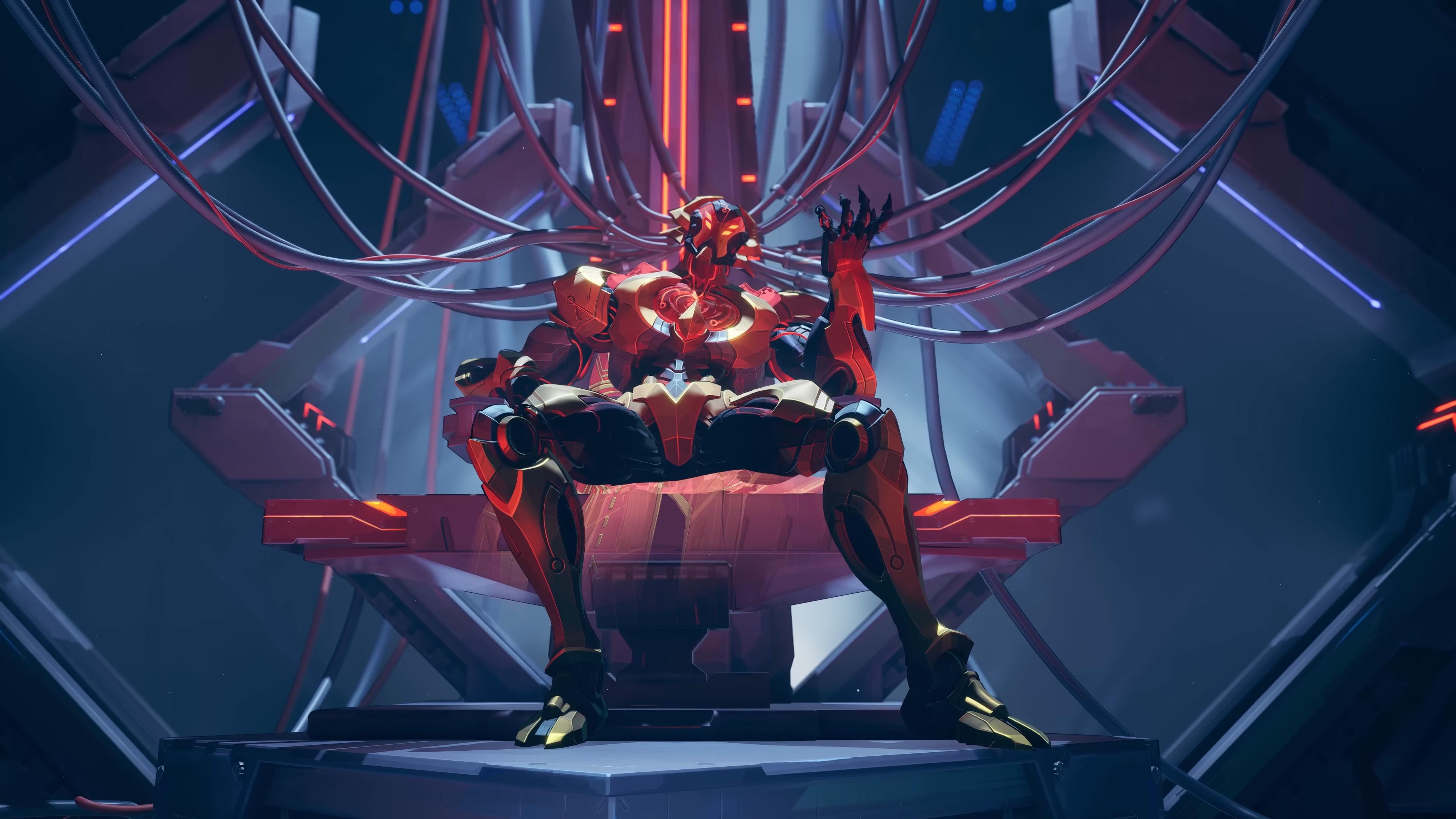 X-Tron sits upon a throne with wires attached to his helmet