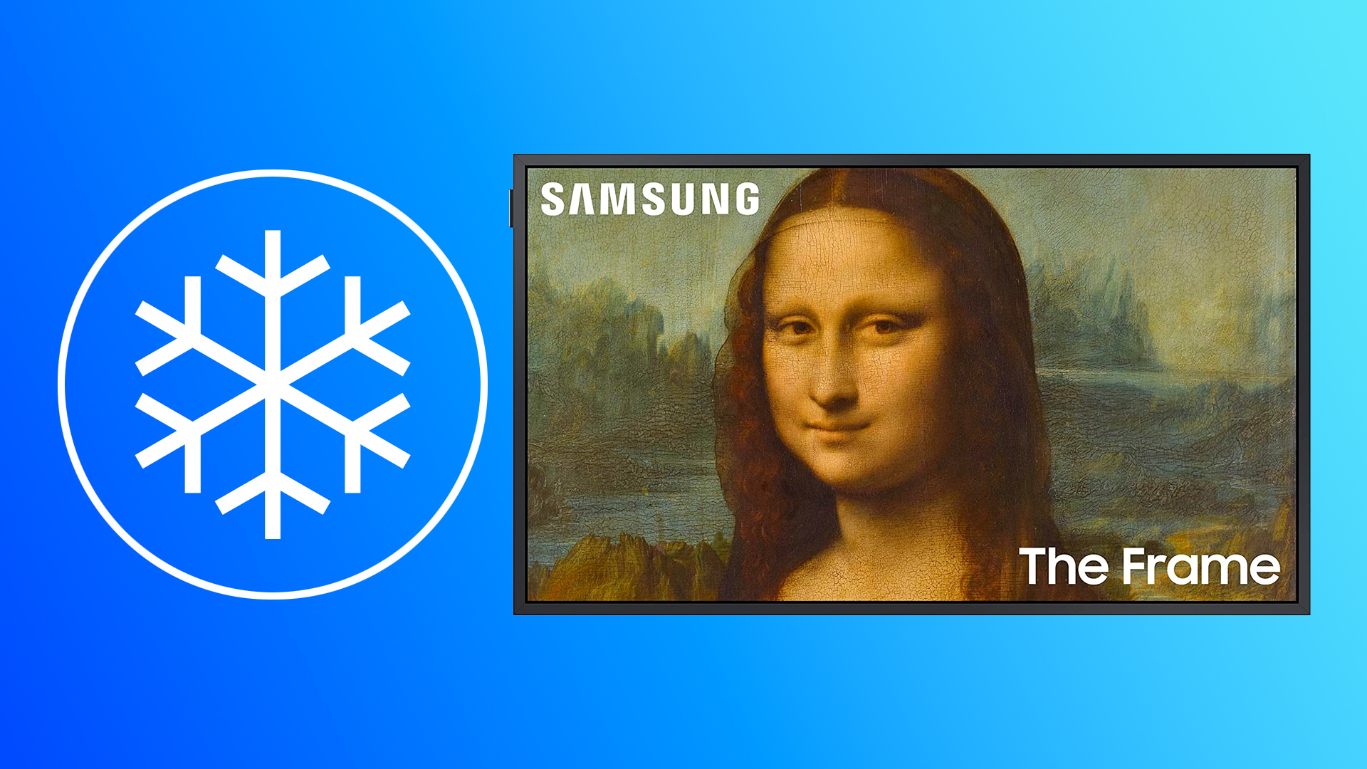 Samsung The Frame TV on blue background with ice symbol