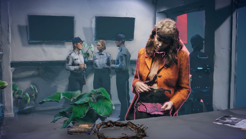 a woman on the phone while some police talk behind her