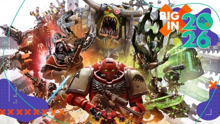 Key art for Warhammer 40,000: Dawn of War 4 showing a Blood Raven Space Marine in front of a montage of other factions including orks, necrons, and the adeptus mechanicus - with the GamesRadar+ Big in 2026 frame branding