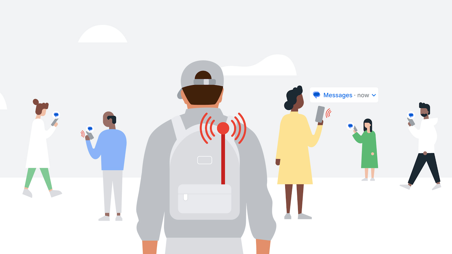 An illustration of a man wearing a backpack carrying out an SMS blaster scam on unsuspecting strangers