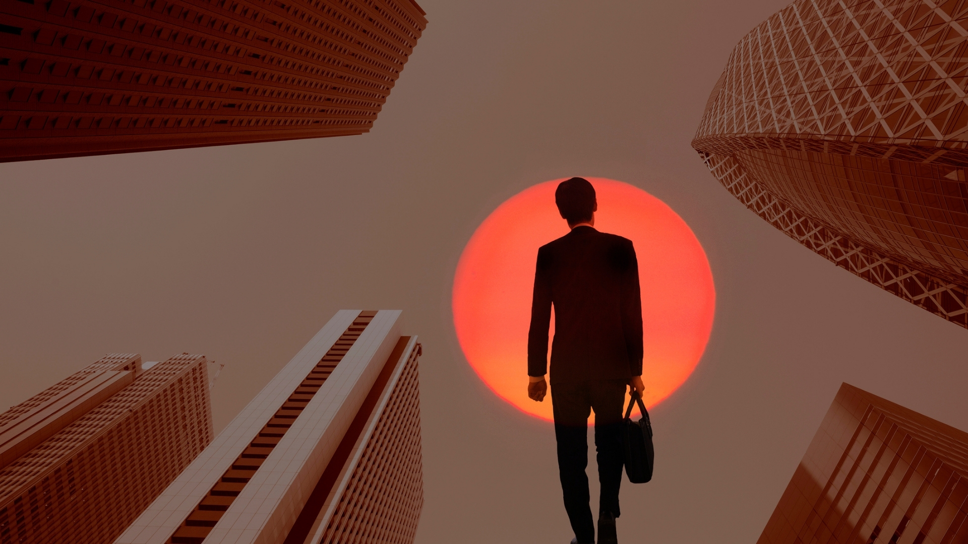 Investor walking into the light surrounded by buildings