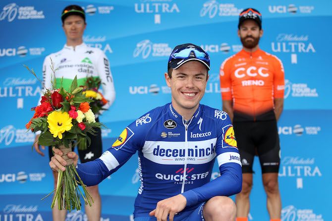 Deceuninck-QuickStep's Remi Cavagna enjoys the applause after winning stage 3 of the 2019 Tour of California