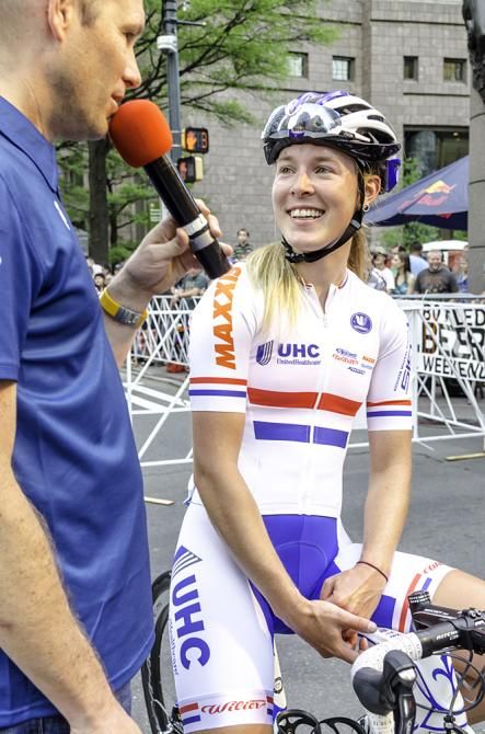 UnitedHealthcare rider and current British National Criterium Champion, Hannah Barnes, gives an interview after her win on Saturday evening.