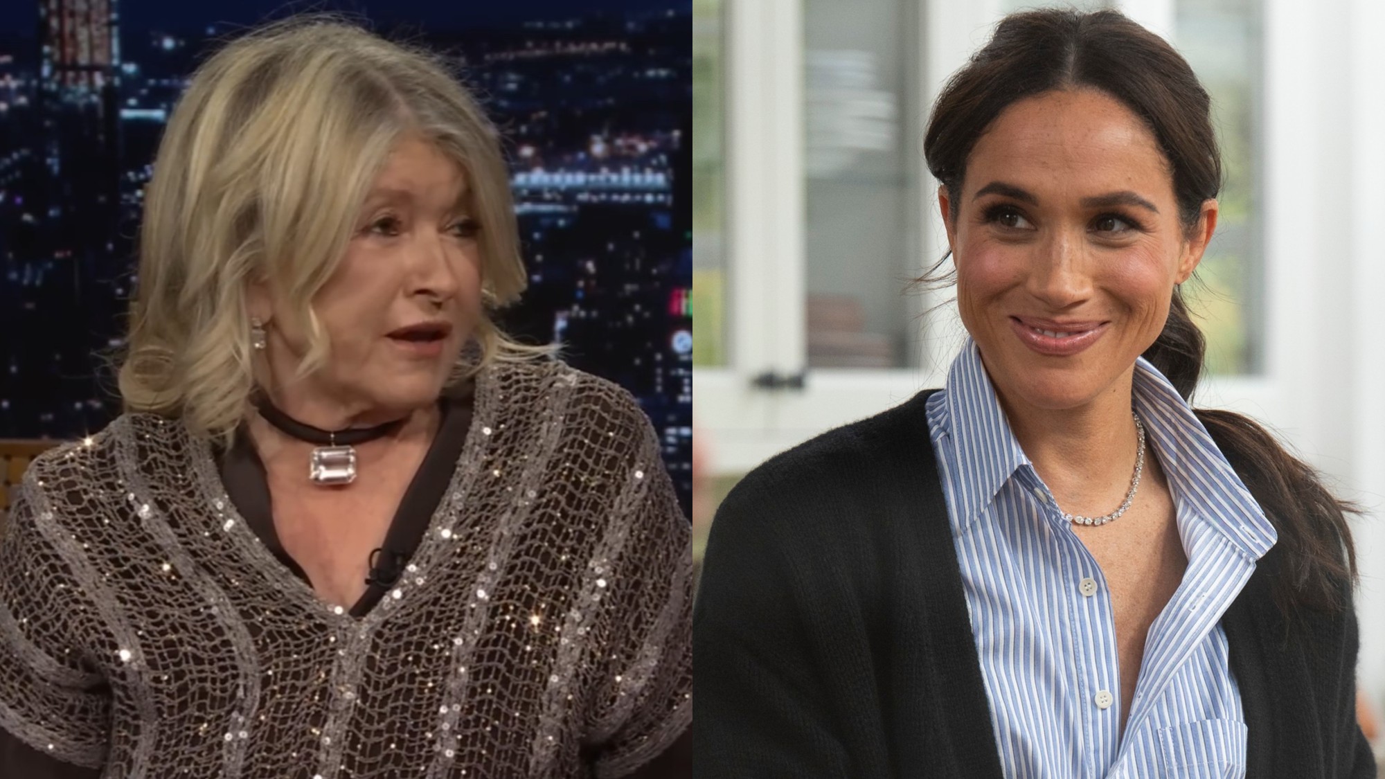 From left to right: Martha Stewart on The Tonight Show and Meghan Markle in With Love, Meghan. 