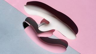 Two vibrators, white and pink, on white and pink backgrounds to illustrate how to clean a vibrator