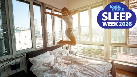 A woman jumps up from her mattress in a bedroom bathed in bright, early morning sunlight &ndash; a brilliant circadian rhythm anchor that helps her maintain a regular sleep-wake schedule, which is now a major component, backed by science, to increasing a person's lifespan by up to 4 years