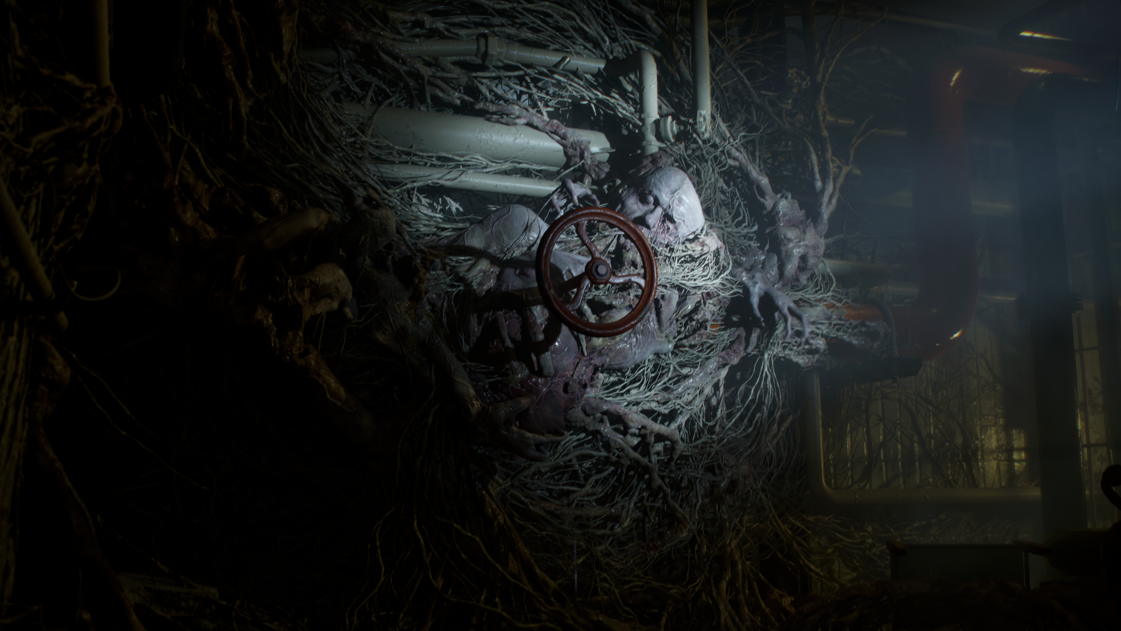 ILL story trailer screenshot of a humanoid creature that seems to be growing around a valve handle like a fungus