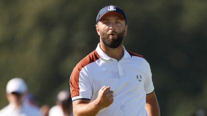 Jon Rahm of Team Europe reacts on the 11th green during the Saturday morning foursomes matches of the 2023 Ryder Cup at Marco Simone Golf Club on September 30, 2023 in Rome, Italy.