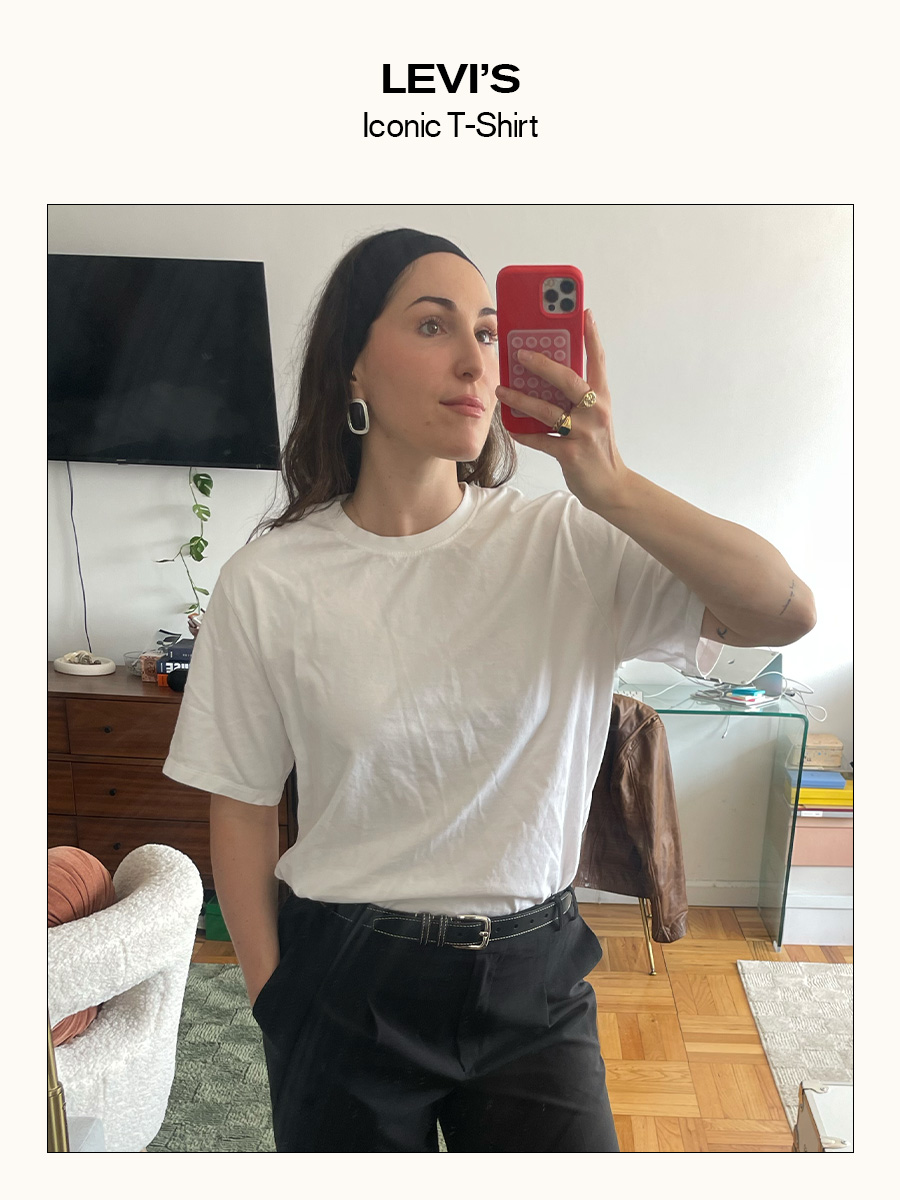 Anna LaPlaca testing and reviewing the best white T-shirts