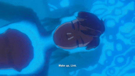 A gif from the game Legend of Zelda: Breath of the Wild of link waking up in a blue pool