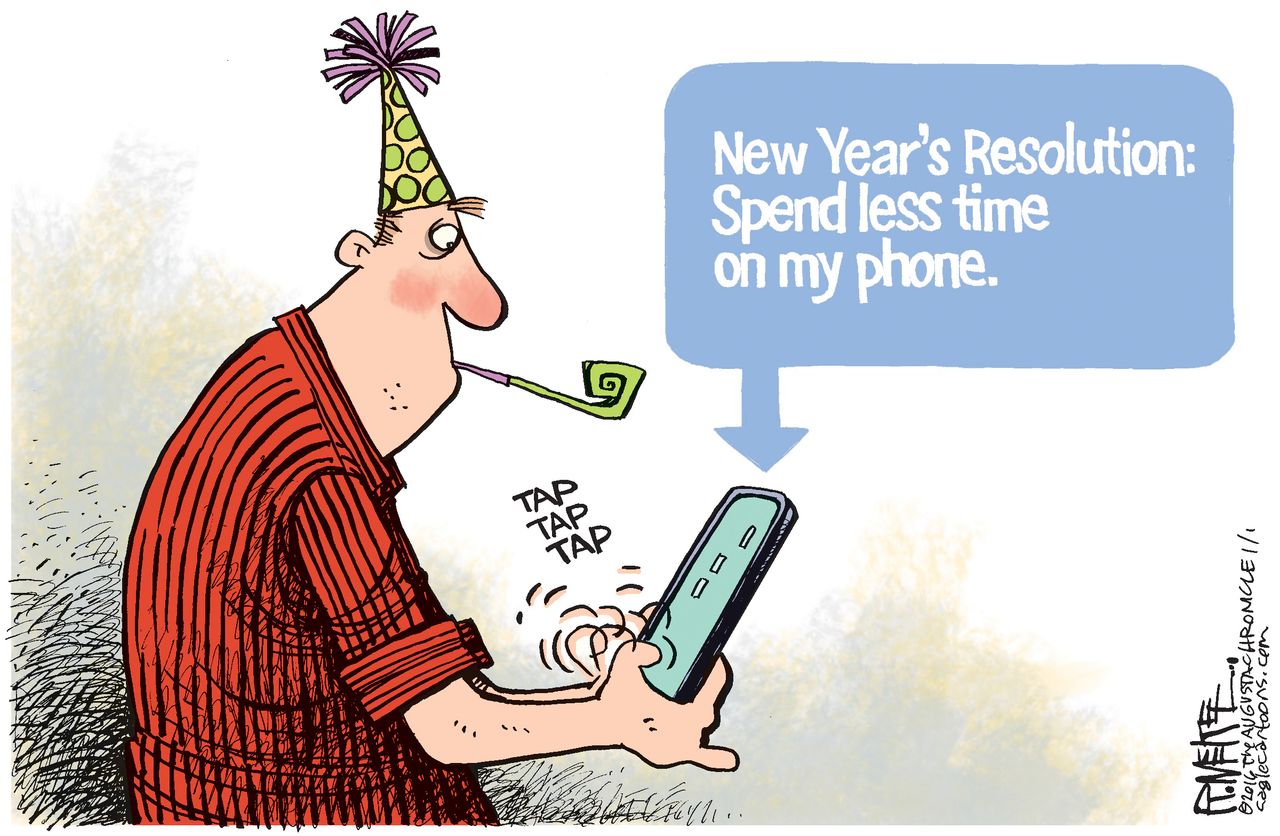 Editorial cartoon World New Years Resolution Technology