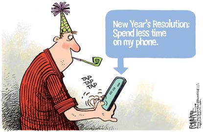 Editorial cartoon World New Years Resolution Technology