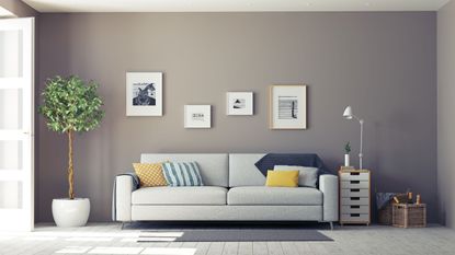 Living room wall with sofa, plant and table lined up alongside it
