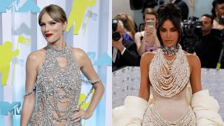 From left to right: Taylor Swift at the 2022 VMAs and Kim Kardashian at the 2023 Met Gala