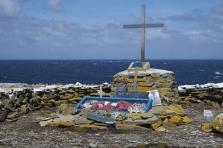 A memorial to the HMS Sheffield, a British ship destroyed during the Falklands War.