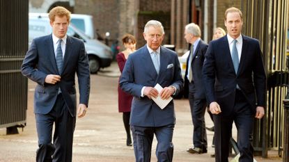 Prince Harry, Prince Charles, Prince of Wales and Prince William, Duke of Cambridge arrive at the Illegal Wildlife Trade Conference at Lancaster House on February 13, 2014