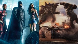 Side-by-side Justice League and Godzilla vs. Kong stills