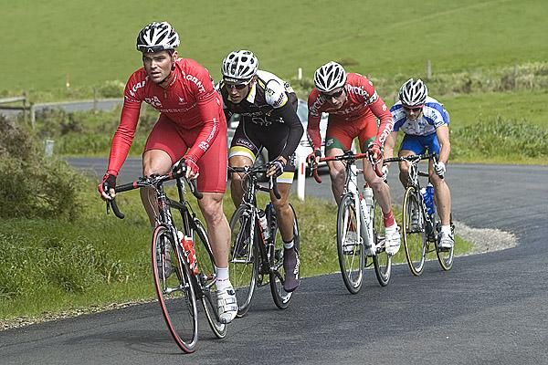 (l-r): Rhys Pollock (Drapac Porsche), Richard Lang (Budget Forklifts), William Clarke (Praties) and Nathan Haas (DiscoverTasmania.com/TIS) were stretching their lead over the peloton on the approach to Stanley.