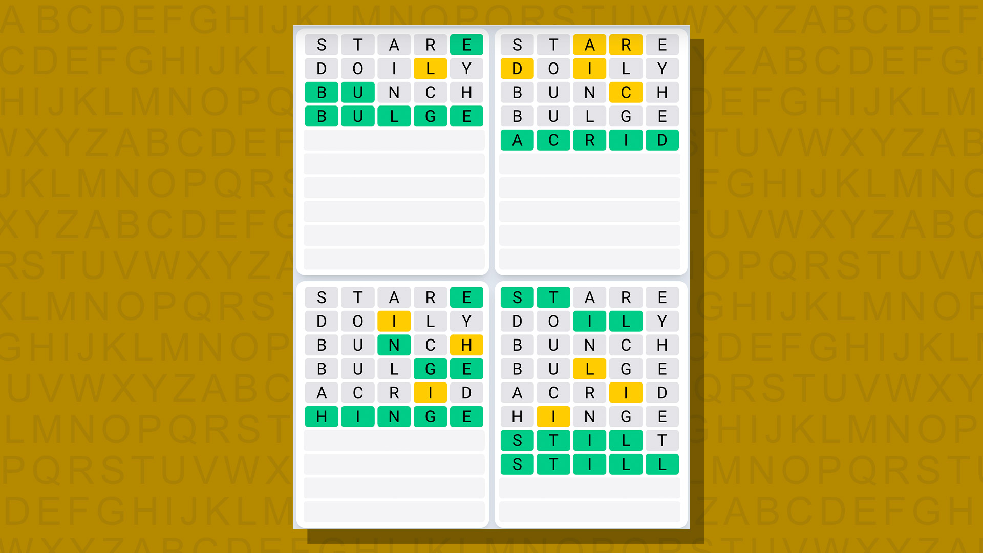 Ежедневная последовательность ответов Quordle для игры 701 на желтом фоне