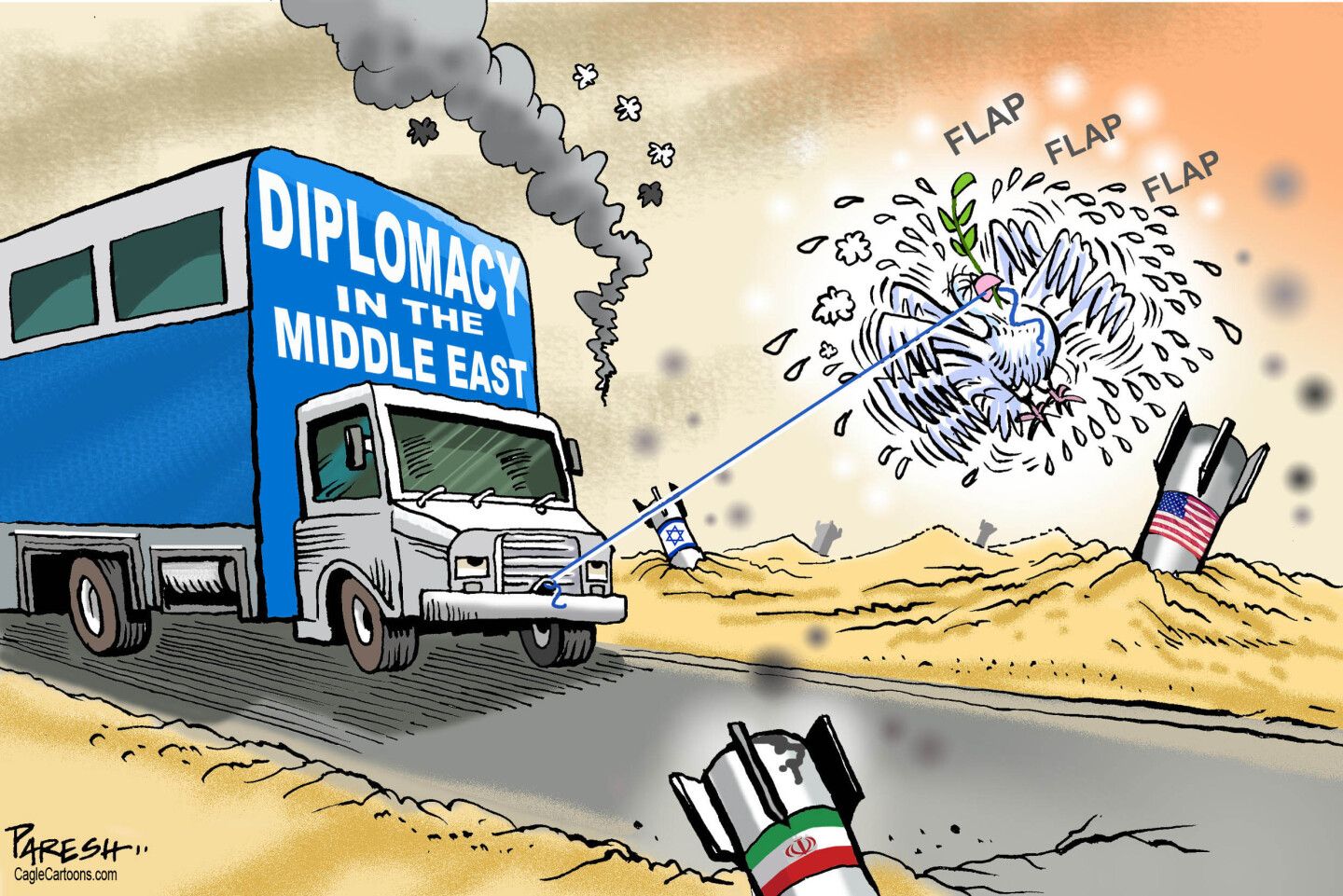 
                                This cartoon depicts a dove of peace frantically and unsuccessfully attempting to pull a large truck labeled “Diplomacy in the Middle East” down a desert road as missiles fall and are stuck in the ground with the flags of Israel, the United States, and Iran.
                            