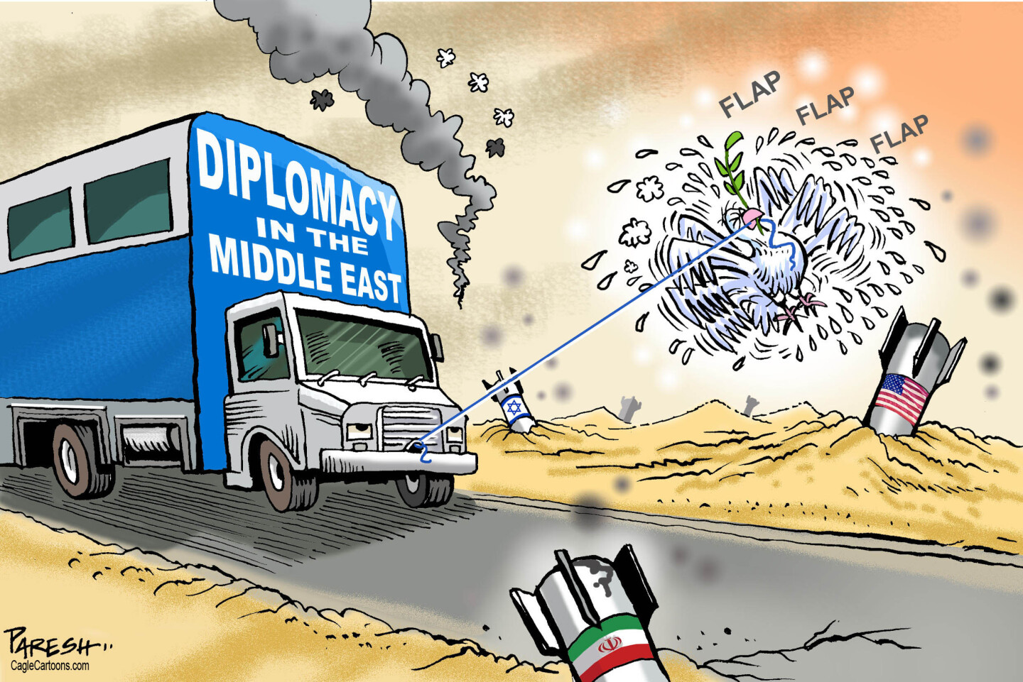 This cartoon depicts a dove of peace frantically and unsuccessfully attempting to pull a large truck labeled &amp;ldquo;Diplomacy in the Middle East&amp;rdquo; down a desert road as missiles fall and are stuck in the ground with the flags of Israel, the United States, and Iran.
