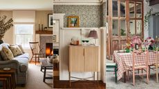 living room with gingham sofa, entryway with gingham lamp, pink gingham tablecloth on dining table