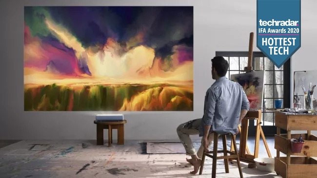 The Samsung Premiere 4K projector shows gorgeous backdrop in artist's studio