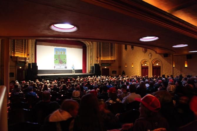 NICA director Austin McInerny introduces the Singletrack High screening at the Golden State Theatre in Monterey, April 20.